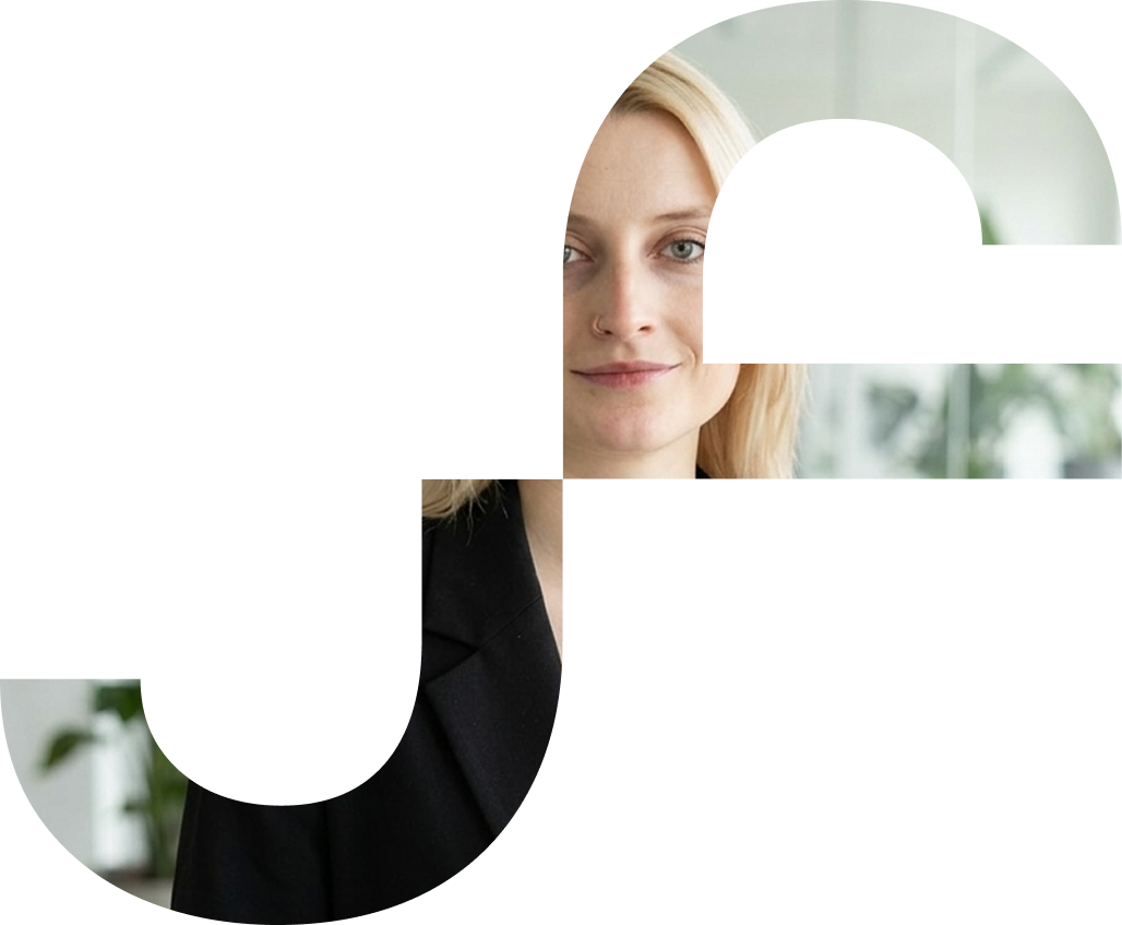 Jill Stäbe portrait framed by the j-glyph logo